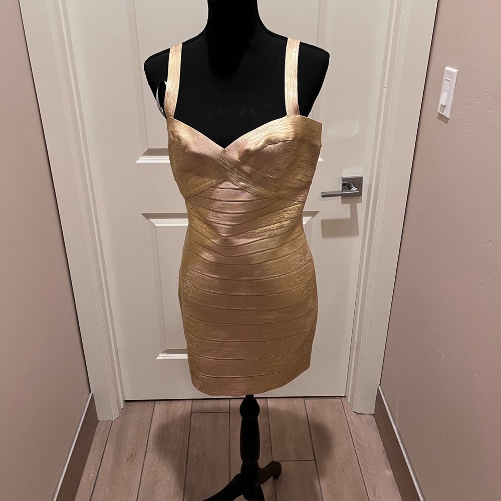 Herve Leger Metallic Gold Mini Dress 100% Authenic!